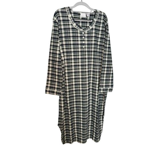 Soft Sensations flannel nightgown black white and green checkered plaid - Picture 1 of 7
